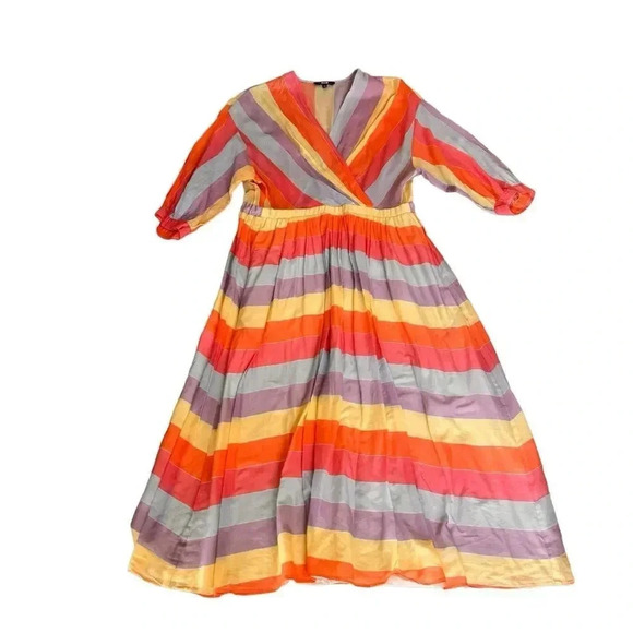 Tara Jarmon Stripey Midi Dress V-neck Colorful Rainbow Stripes Size 38 RTR - Picture 4 of 13